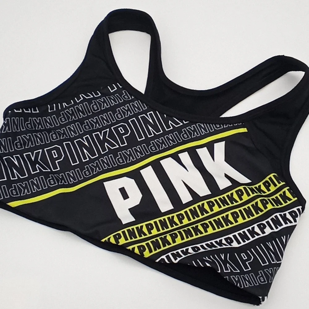 PINK Victoria's Secret Ultimate Unlined Logo Print Sports Bra Black Yellow S